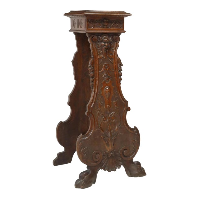 Late 1800's Antique Hall Italian Renaissance Revival Walnut Pedestal / Stand For Sale
