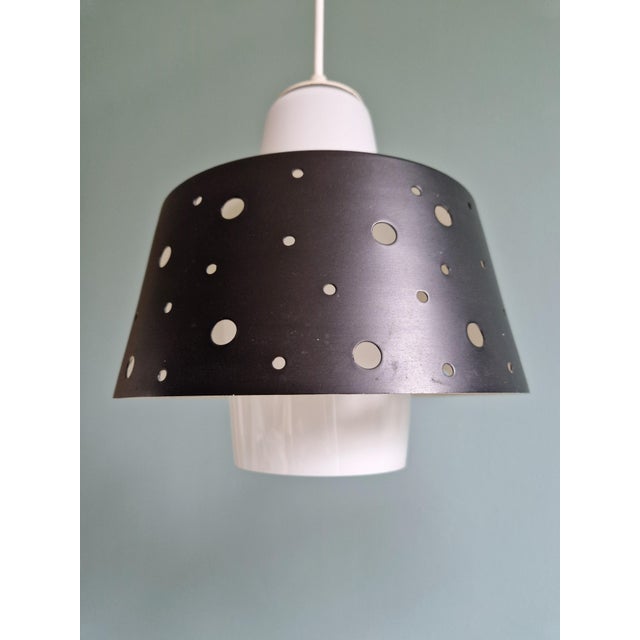 Vintage Scandinavian Pendant Lights in White Opaline and Black Lacquered Metal, 1960, Set of 2 For Sale - Image 6 of 17