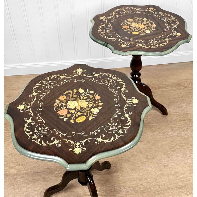 Vintage Italian Rococo Floral Marquetry Fruitwood TurtleTop Side Tables - A Pair For Sale - Image 4 of 10