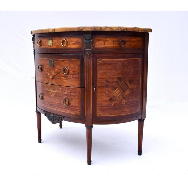 Early 19th Century French 19th Century Marquetry Demi-Lune Server Commode, Specimen Marble Top For Sale - Image 5 of 17