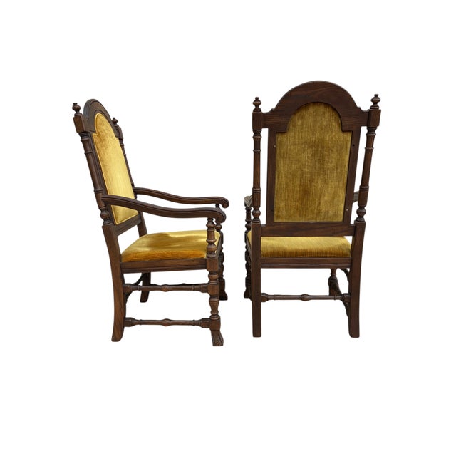 Wood 1980s Ethan Allen Jacobean Royal Charter Oak Dining Room Armchairs Gothic Pair For Sale - Image 7 of 15