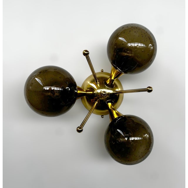 Italian Trifoglio Polished Brass Smoky Bubbles Globe Flush Mount by Fabio LTD For Sale - Image 3 of 8