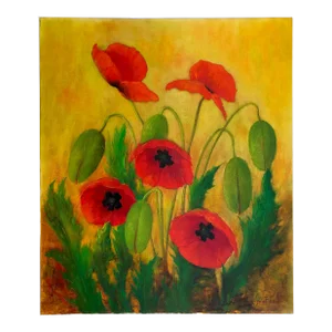 1980s Oil Painting on Canvas of Red Poppies