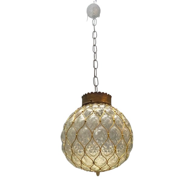 Murano Glass and Brass Caged Pendant Light, Italy, 1960s For Sale