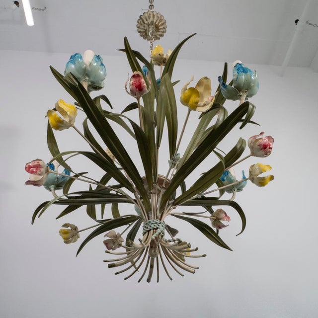 Painted tole floral motif chandelier For Sale - Image 4 of 11
