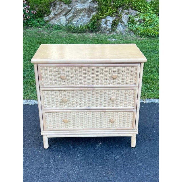 Petite Three Drawer Blonde Wicker and Wood Chest. Perfect for a small bedroom or bathroom . Dimensions: Height: 30.5 in...