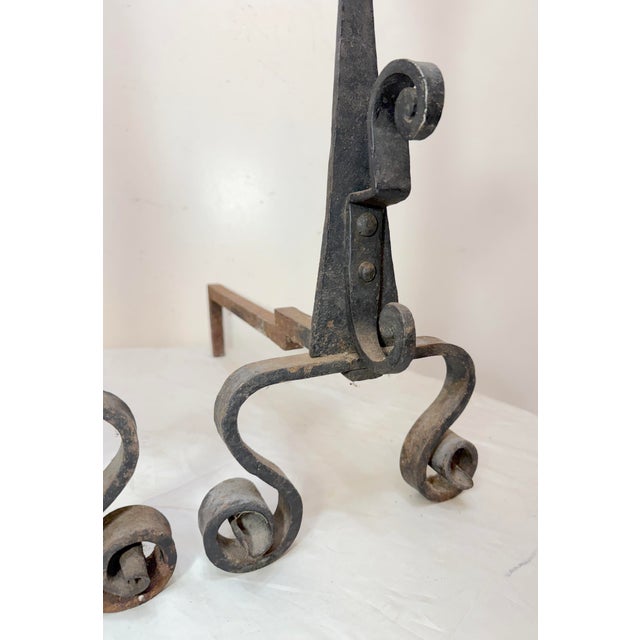 Rare Antique 19th Century Hand Wrought Iron Fireplace Firedogs Black Andirons For Sale In New York - Image 6 of 13