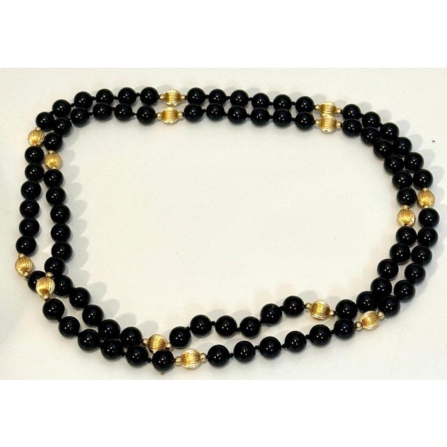 Round 8 MM Bead Black Onyx &amp; 14 Karat Gold Bead Necklace 36 Inch Long Beautiful , Very Dressy but also good for casual...