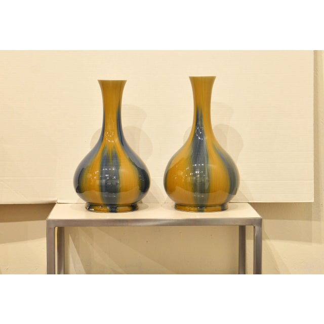 Transitional Hand Thrown Blue and Gold Glaze Chinese Porcelain Vases Pair For Sale - Image 4 of 4