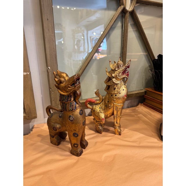 Glass Mid-20th Century Gilt Wooden Fu Dog Sculptures For Sale - Image 7 of 7