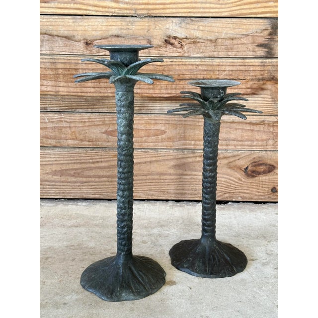 Pair Vintage Coastal Rustic Metal Palm Tree Staggering Candlestick Holders For Sale - Image 11 of 11