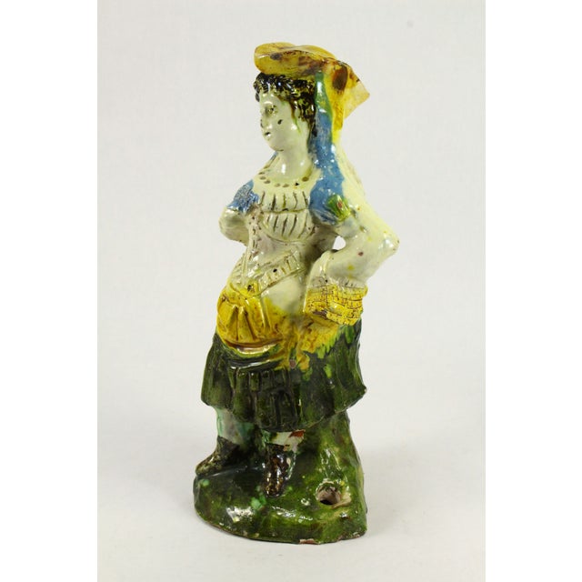 French Provincial Early 18th C. Majolica Glazed Redware Terracotta Pastoral Figure Peasant Girl 13" For Sale - Image 3 of 16
