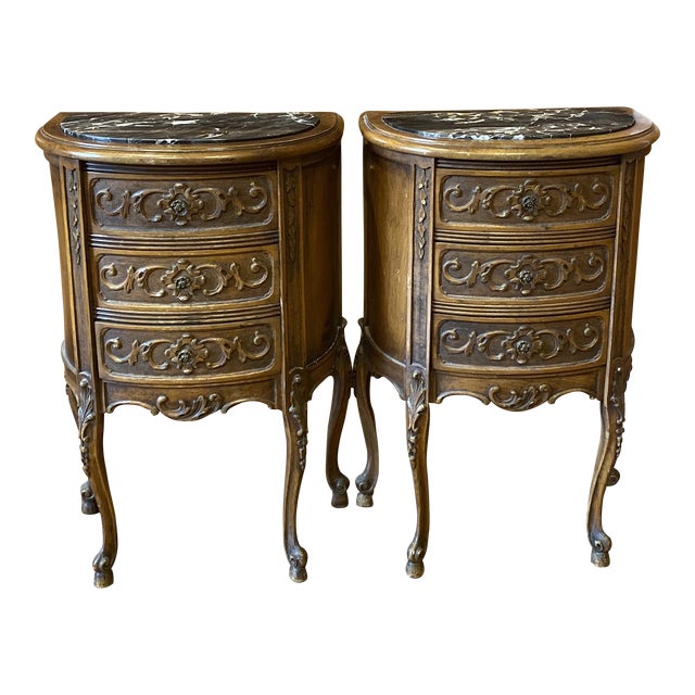 Vintage Black Marble Top Wood Side Tables - Set of 2 For Sale