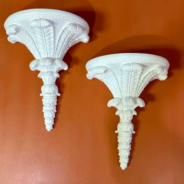 Vintage Palm Beach Regency Serge Roche Style High Gloss White Palm Brackets - Newly Painted For Sale - Image 9 of 12