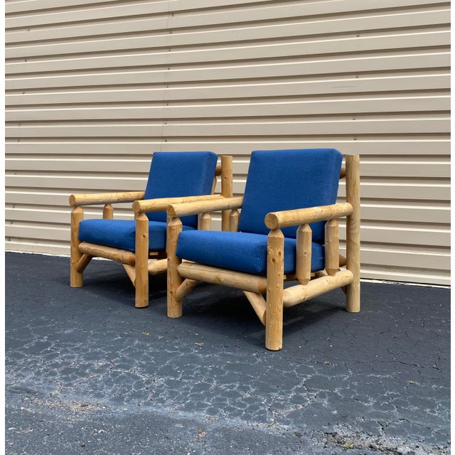 Organic Modern Cedar Log Lounge Chairs in Cerulean Blue + Ottoman, Set