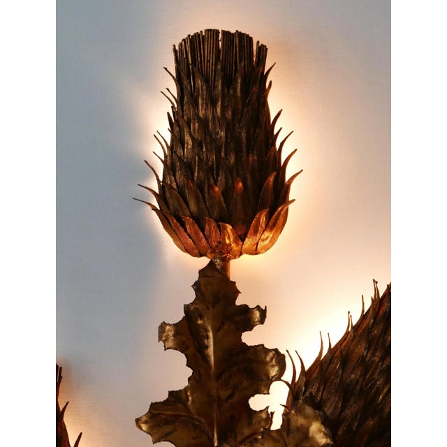 Metal Large Mid-Century Modern Gilt Metal Three Flamed Thistle Flower Sconce, 1960s For Sale - Image 7 of 18
