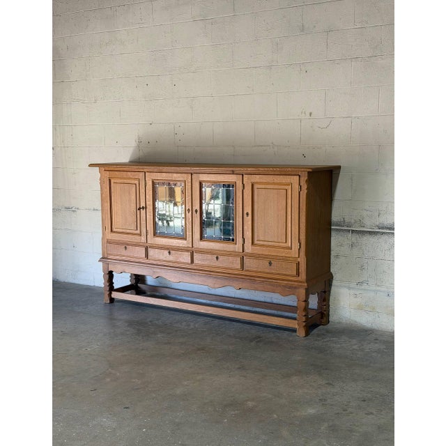 Mid-Century Modern Henning Kjærnulf Oak Sideboard Credenza With Leaded Glass Doors Danish Mid-Century Modern 1970s For Sale - Image 3 of 13