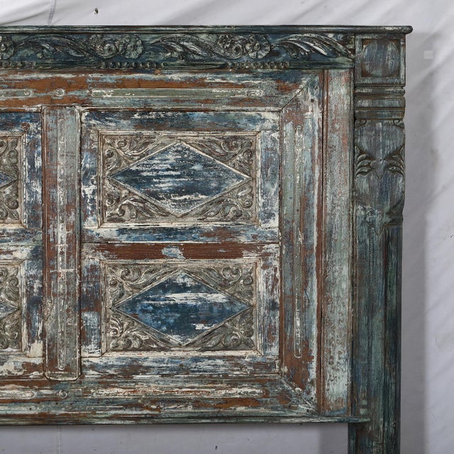 Indian Queen Size Headboard Made From an Antique Indian Painted Teakwood Window and Pillars For Sale - Image 3 of 5