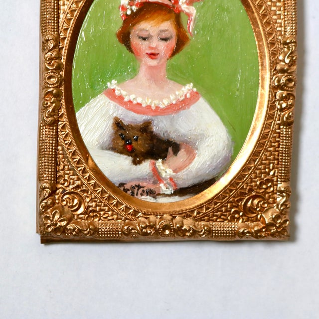 Mid 20th Century Mid-Century Miniature Portrait of Young Woman With Dog Signed Austin in Pressed Filagree Metal Frame For Sale - Image 5 of 11