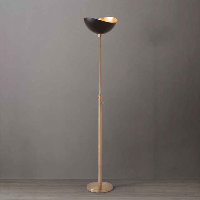 Mid-Century Modern Minimalist Luna Torchiere Floor Lamp 70" H - Mid-Century Modern, Matte Black/Gold Shade, Weathered Brass, Dimmable, Bulb Included For Sale - Image 3 of 7