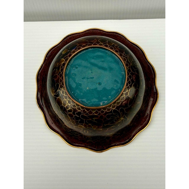 Japanese Cloisonné Enamel Bowl, Showa Period, Hand-Wired Floral Interior 5” Diameter For Sale In Phoenix - Image 6 of 11