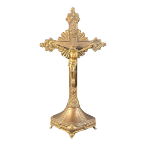 Antique Gold Crucifix Jesus on Cross 9" Tall Die Cast Metal