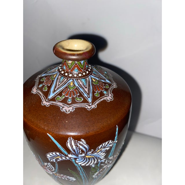 Ceramic Japanese Cloisonné Vase With Iris Decoration and Geometric Band. Meiji Period, C. 1890-1910 For Sale - Image 7 of 11