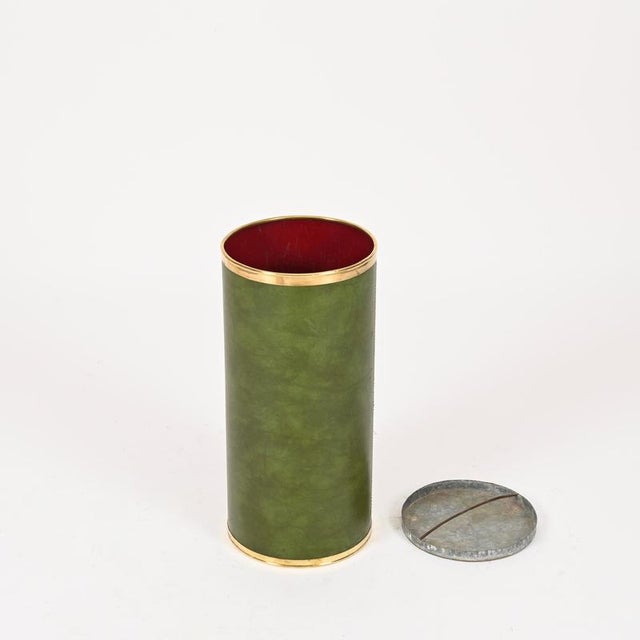Metal Mid-Century Green Leatherette and Brass Umbrella Stand from Aldo Tura, Italy, 1970s For Sale - Image 7 of 13