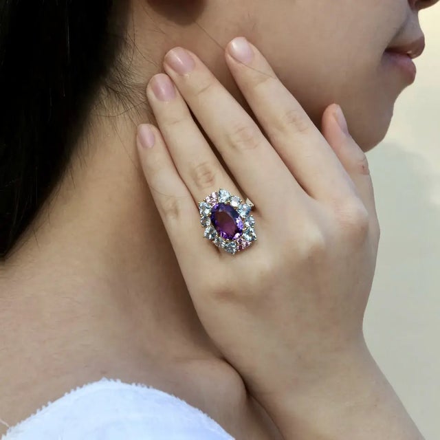Metal Nina Zhou Margeret Amethyst Aquamarine Pink Sapphire Cocktail Ring in 14k Yellow Gold, size 4 For Sale - Image 7 of 8