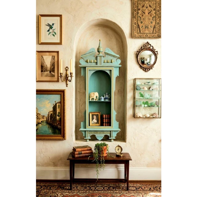 1970s ​Vintage Repurposed Architectural Clock Case Pale Seafoam Blue Curiosity Trinket Cabinet Wall Shelf For Sale - Image 5 of 12