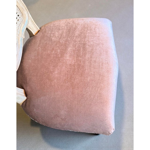 Pair French Louis XV Rosé Silk Velvet Woven Cane Back Accent Chairs For Sale - Image 4 of 11