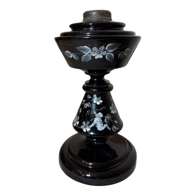 Antique Handmade Black Amethyst Glass Brass Mary Gregory Enameled Oil Table Lamp For Sale