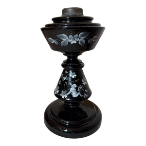 Antique Handmade Black Amethyst Glass Brass Mary Gregory Enameled Oil Table Lamp