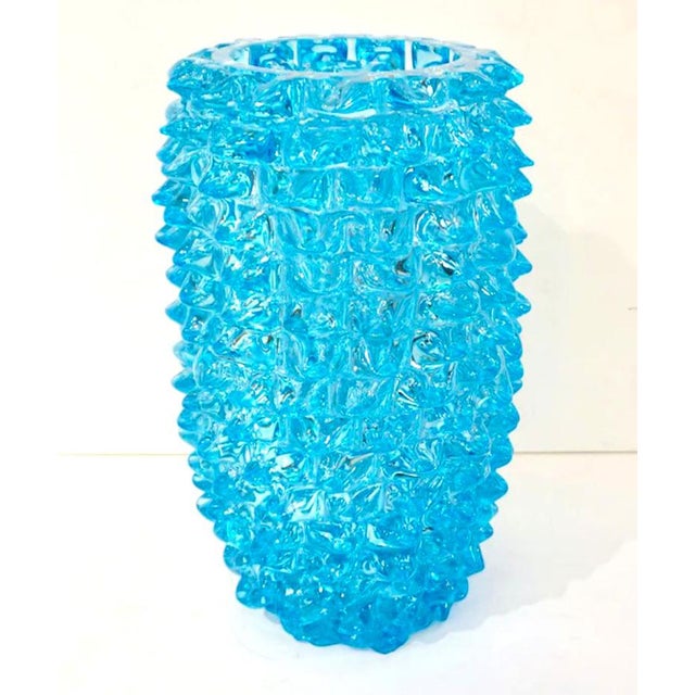 Glass Pair of Art Deco Style Italian Aquamarine Murano Glass Centerpiece Vases For Sale - Image 7 of 10