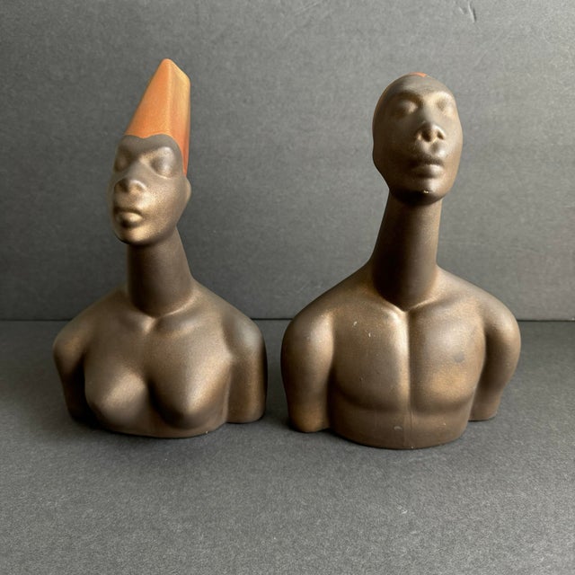 California Pottery Male & Female Tribal Bust Brayton Laguna Attributed A Pair A fantastic pair of ceramic busts in the...