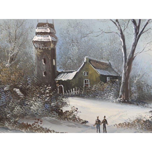 Mid 20th Century Large Signed H. Wood Original Oil Painting of European Winter Village Landscape – Framed For Sale - Image 4 of 16