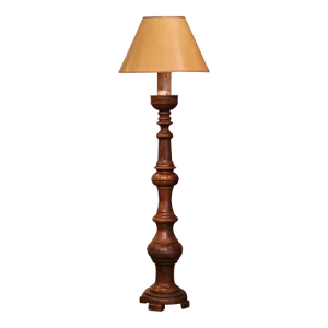 Mid-Century French Louis XIII Carved Oak Floor Lamp With Beige Shade