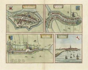 Engraved Map of the Frisian Cities of Sloten, Yist, Workum and Hindelopen by Blaeu, 1650s