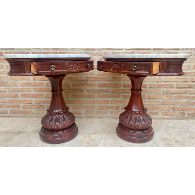 Carved Wood Demi Lune Nightstands with Marble Top, 1940, Set of 2 For Sale In Miami - Image 6 of 18