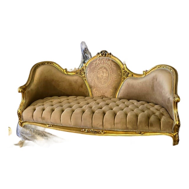 Grand French Louis XV Beige Velvet Sofa With Hand-Gilded Gold Leaf Frame & Tufted Seat For Sale