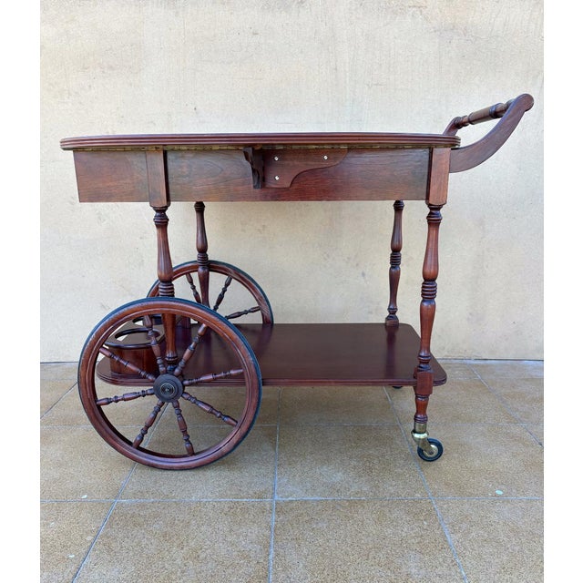 Victorian Vintage Wood Tea & Bar Cart with Drop-Leaf Sides and Bottle Holder, 1940s For Sale - Image 3 of 10