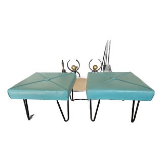 A Pair of Retro Mod Turquoise Vinyl Foot Stools With Steel Hairpin Legs For Sale