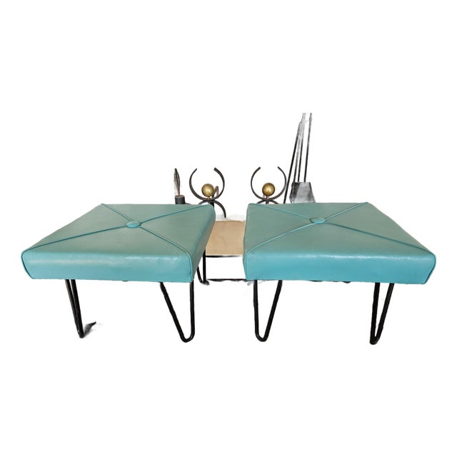 A Pair of Retro Mod Turquoise Vinyl Foot Stools With Steel Hairpin Legs For Sale