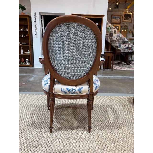 Wood Pair of Antique Louis XVI Style Fauteuils Carved Walnut Arm Chairs Blue Monkey Palm Toile For Sale - Image 7 of 7