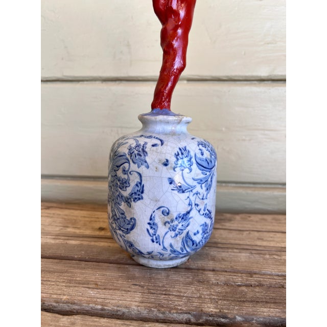 Tall Chinoiserie Chic Style Faux Red Coral Specimen in Blue & White Vase For Sale - Image 4 of 9