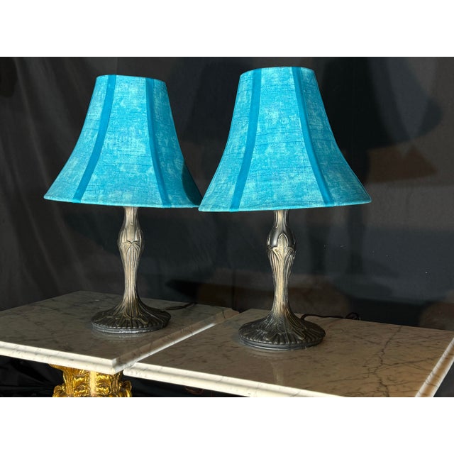 Mid 20th Century Matching Pair of Blue Shade Table Lamps With Bronze Tone Bases For Sale - Image 10 of 12