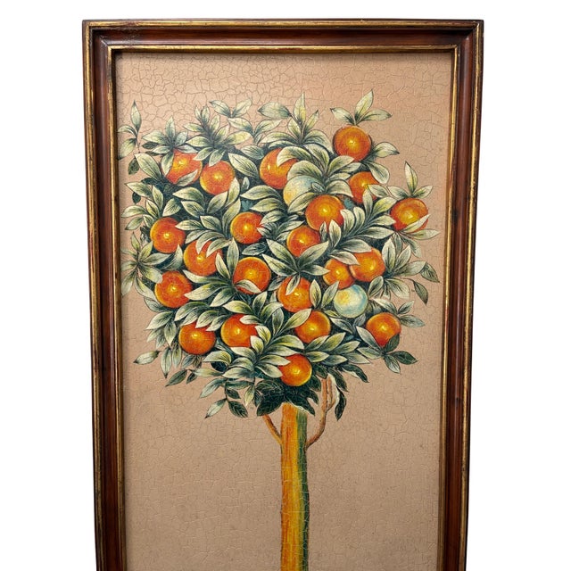 Striking tall decorative wall panel depicting a lush orange topiary tree rising from a pale blue architectural planter....