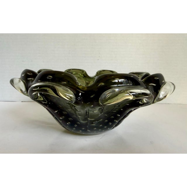 Murano Style Olive Green Bullicante Art Glass Bowl Trinket Dish Ashtray For Sale In Los Angeles - Image 6 of 10