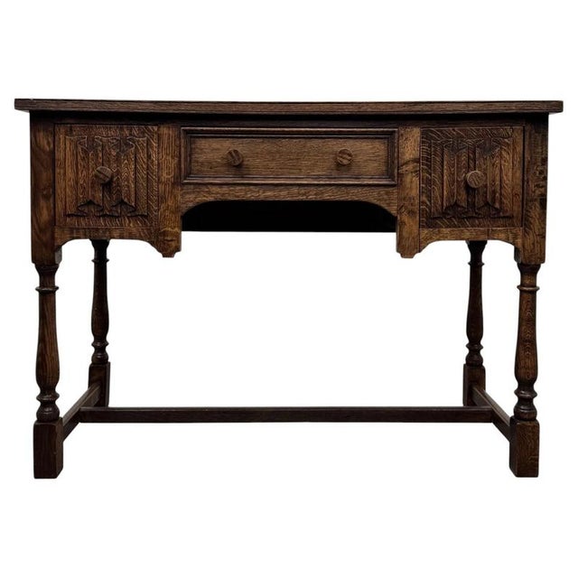 Early 20th Century Antique English Edwardian Oak Writing Desk For Sale - Image 13 of 13