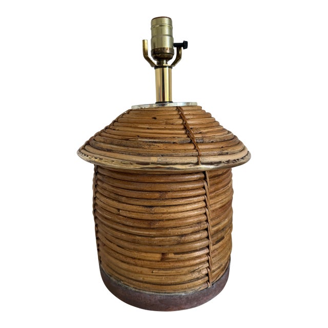Vintage Pencil Reed Rattan Lamp With Brass Accents For Sale